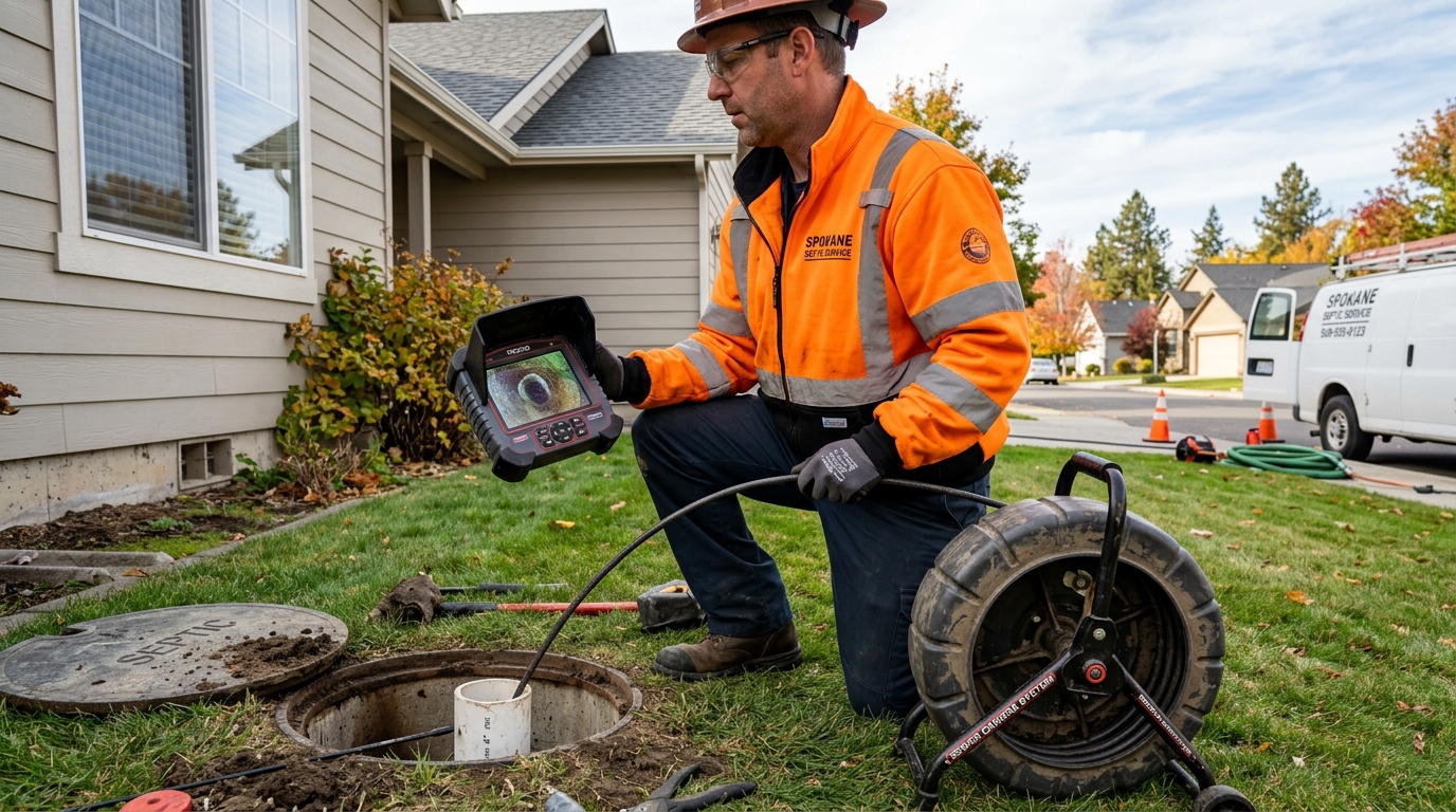 Technician conducting emergency sewer camera probe inspection in Spokane
