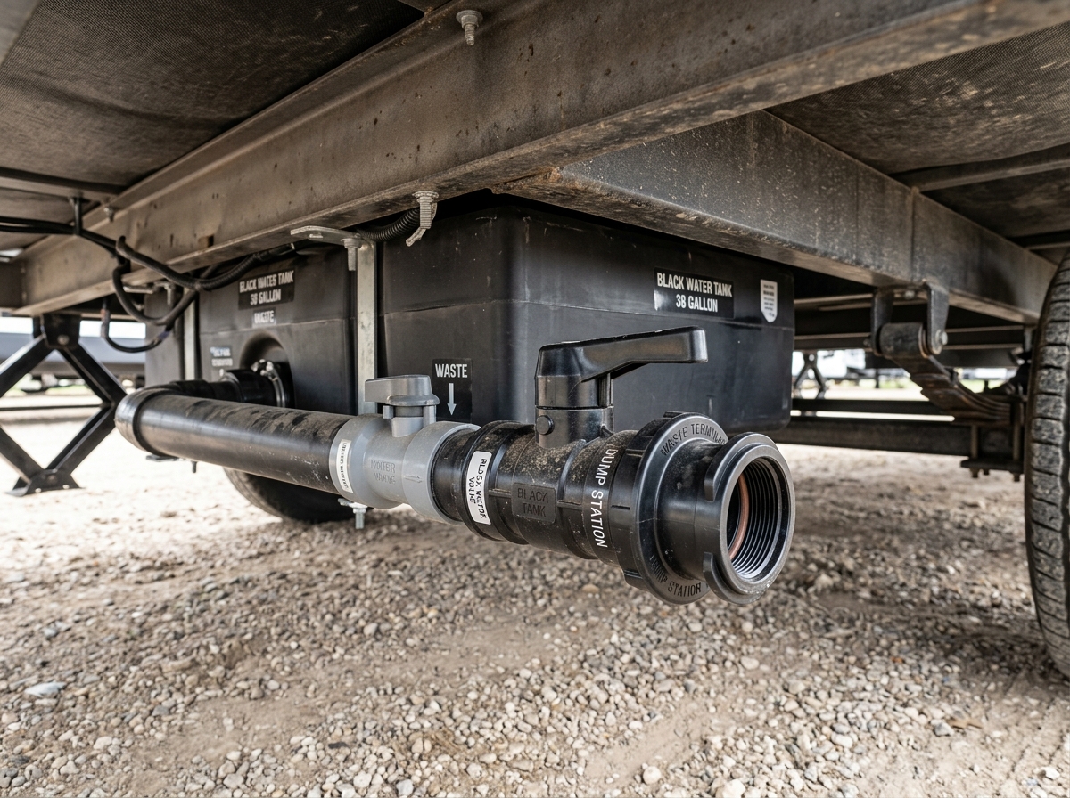 RV black water holding tank and sewer valve under camper