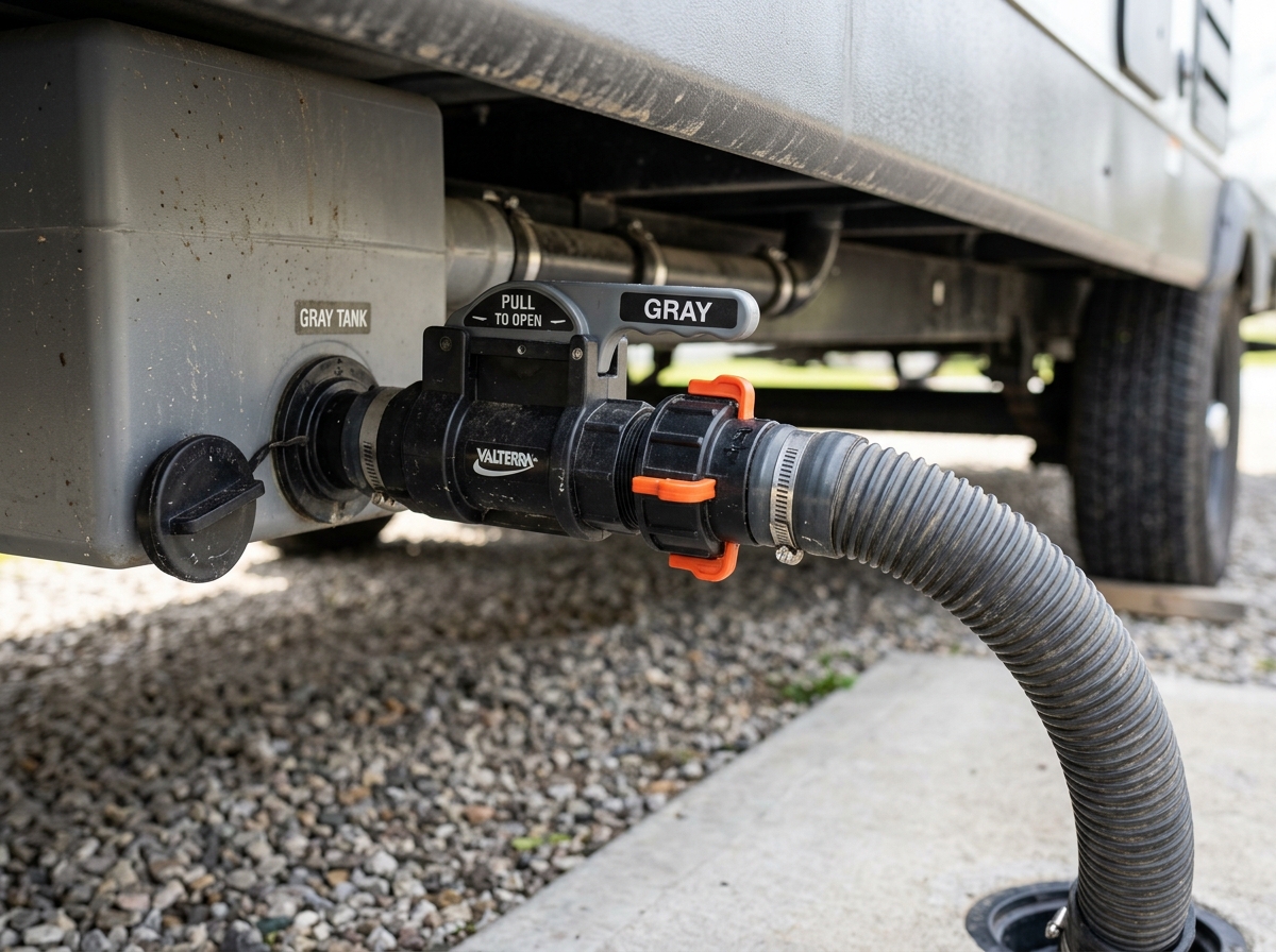 RV gray water tank drain valve and waste hose connection