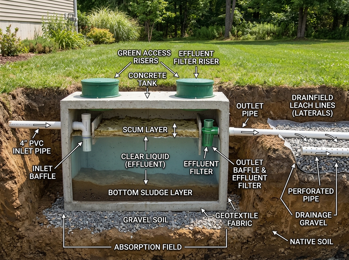 Underground septic tank cutaway diagram showing scum, sludge, baffles, risers and drainfield lines
