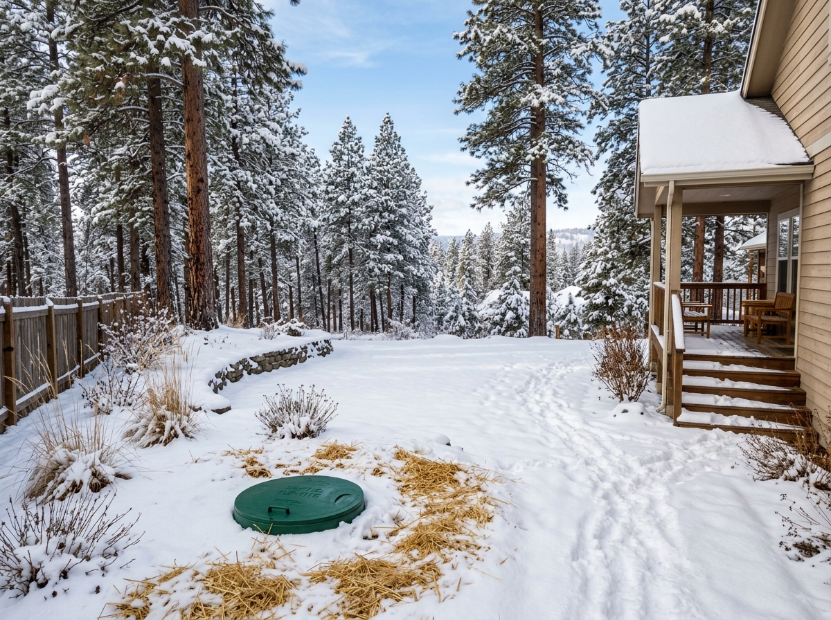 Snowy Spokane yard with green septic riser lid level with snow and straw thermal insulation