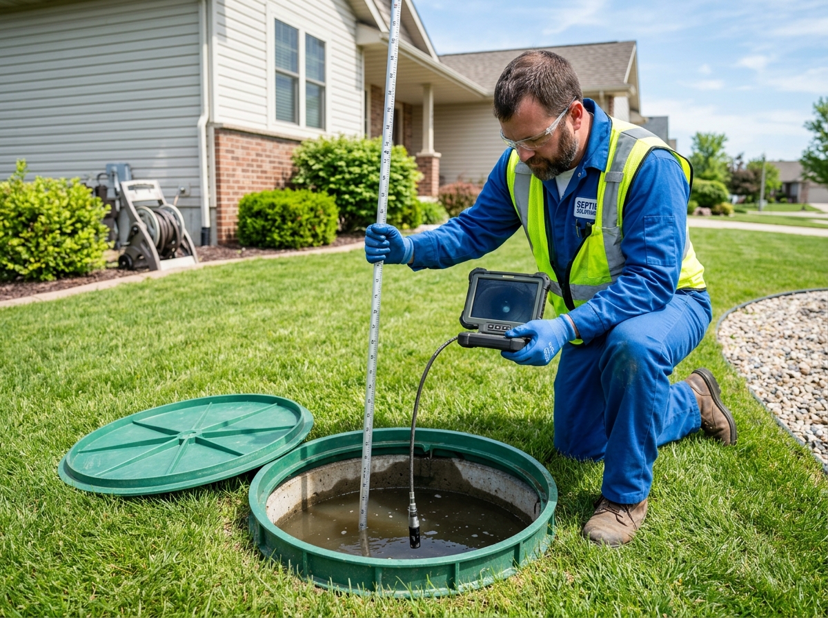 Technician conducting sludge measurement and camera inspection at a septic tank riser